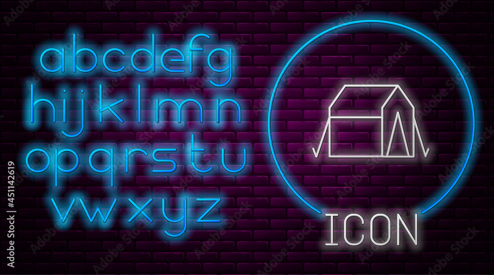 Glowing neon line Tourist tent icon isolated on brick wall background. Camping symbol. Neon light alphabet. Vector Glowing neon line Tourist tent icon isolated on brick wall background. Camping symbol. Neon light alphabet. Vector