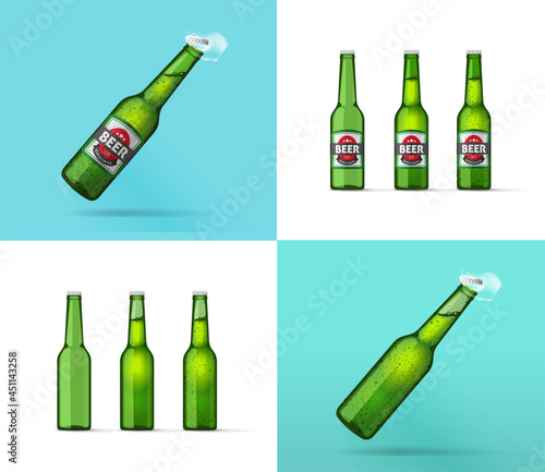 Glass bottle of cold beer or sparkling lemonade isolated vector template mockup illustration, full and blank empty transparent closeup drink product design for brewery label or packaging set