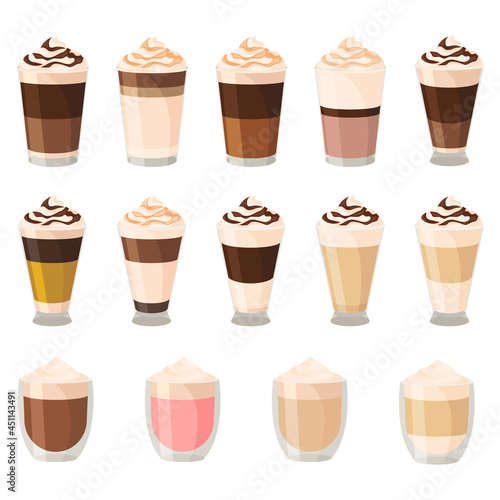 Different vector coffee types espresso, macchiato, ristretto, cappuccino, glace, irish, latte, cappuccino. Colorful vector illustration.