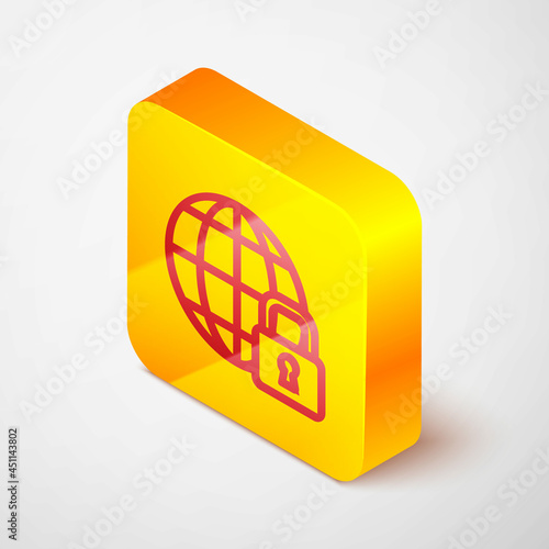 Isometric line Global lockdown - locked globe icon isolated on grey background. Yellow square button. Vector