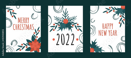 Set of merry christmas and happy new year 2022 holiday cards. Flat vector backgrounds with poinsettia and fir branches
