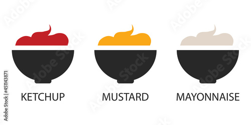 Place the sauce in a bowl. Mayonnaise, ketchup and mustard in serving bowls. Delicious additions to a variety of dishes. Vector illustration isolated on a white background for design and web.