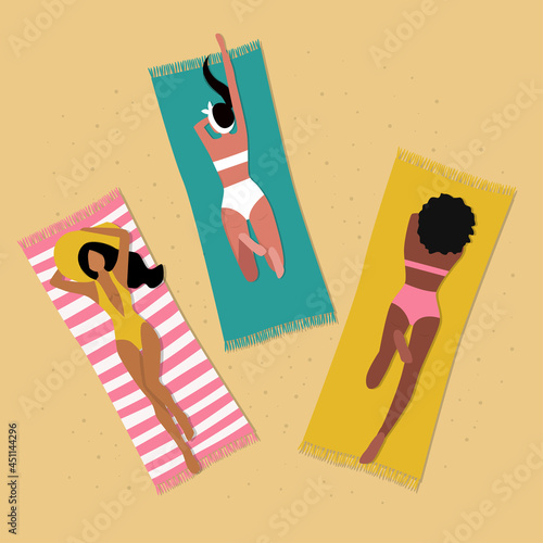 Three girls chilling at the beach. Sexy girls lying on sand, top view. Vector illustration