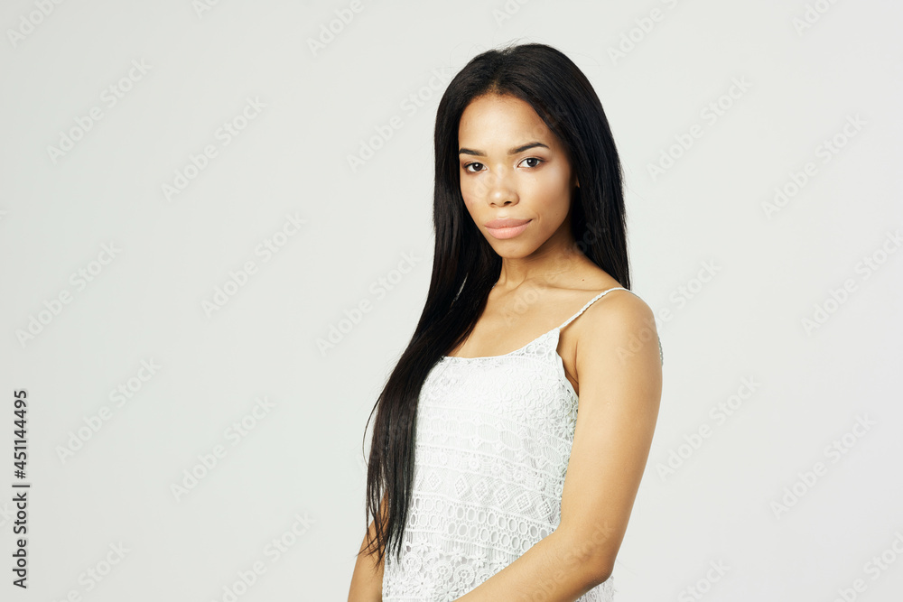 beautiful african american woman in white t-shirt attractive look cosmetics beautiful african american woman in white t-shirt attractive look cosmetics