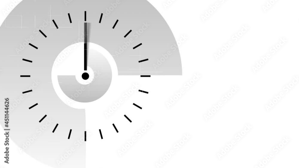 Animation of clock with turning hands, and blue and white lines passing, on white background Animation of clock with turning hands, and blue and white lines passing, on white background