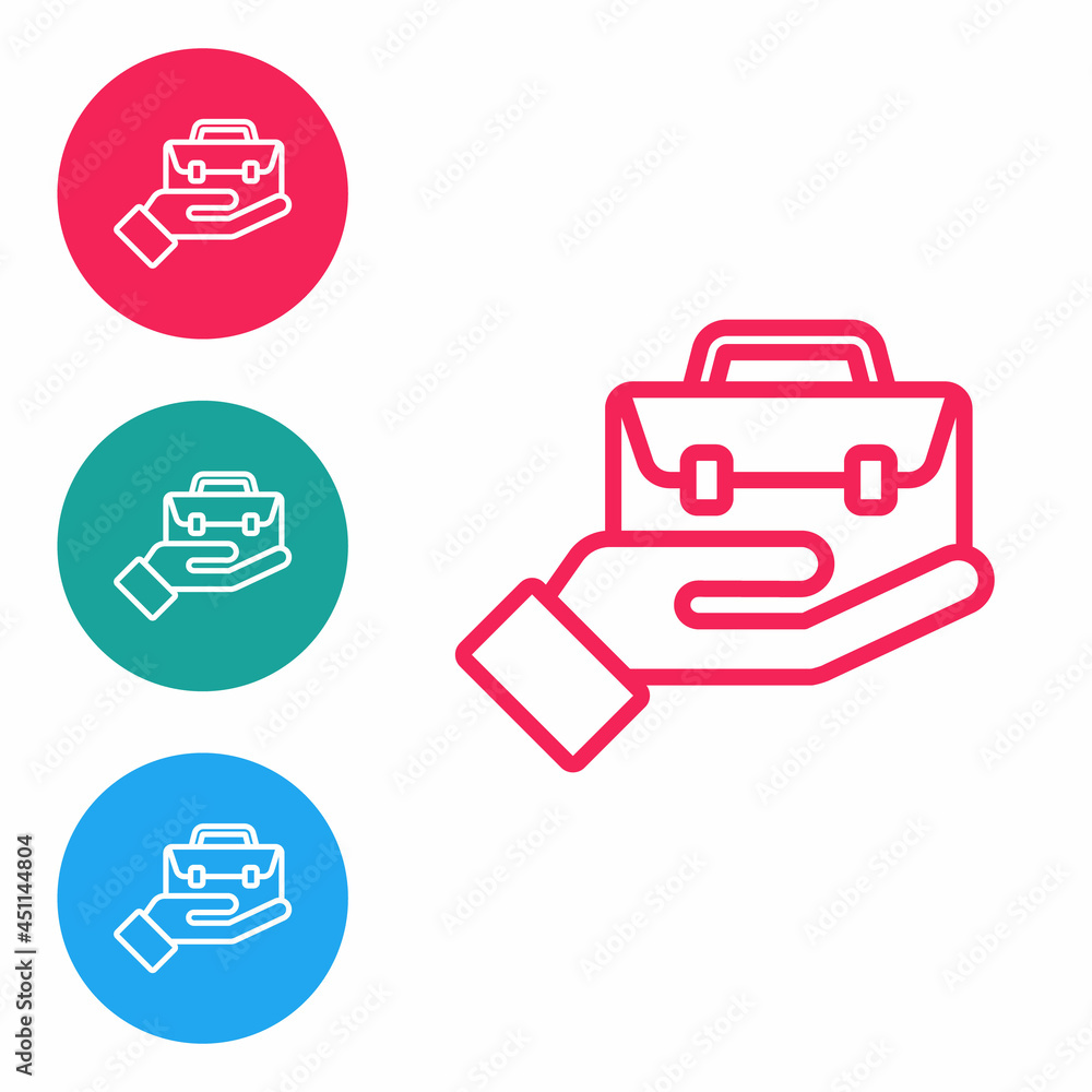 Red line Hand holding briefcase icon isolated on white background. Insurance concept. Security, safety, protection, protect concept. Set icons in circle buttons. Vector. Red line Hand holding briefcase icon isolated on white background. Insurance concept. Security, safety, protection, protect concept. Set icons in circle buttons. Vector.