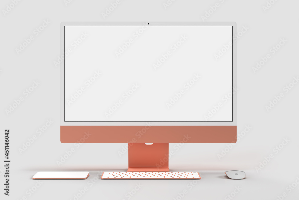 Monitor iMac 24 mockup Template For presentation branding, corporate identity, advertising, branding business. 3D rendering - obrazy, fototapety, plakaty 