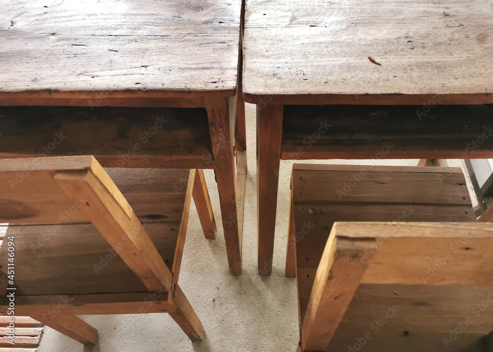 Old wooden desk and chair for students