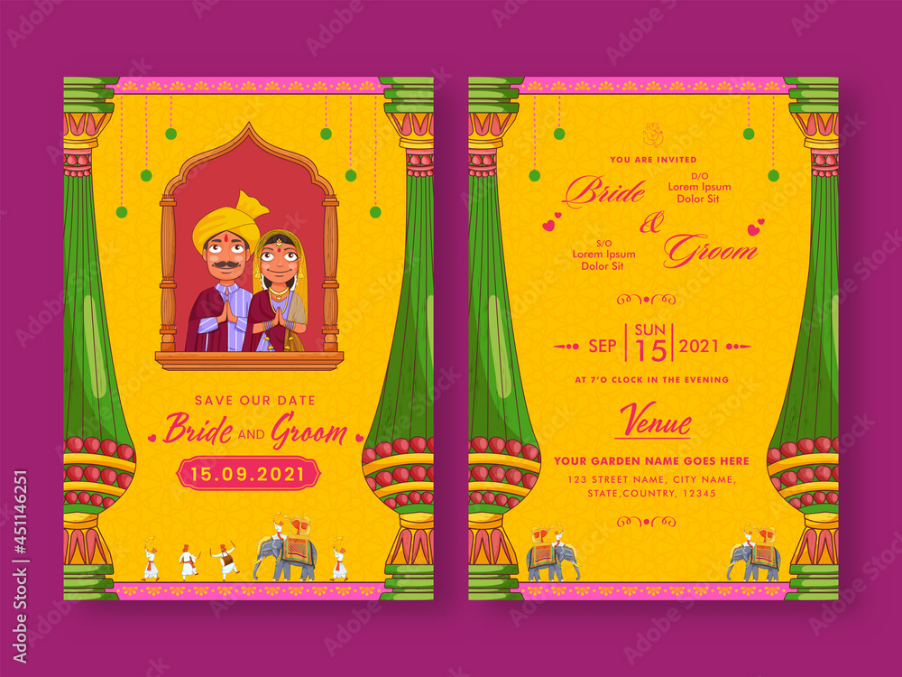 Wedding Card Template Design With Indian Couple Doing Namaste (Welcome) In Yellow Color.