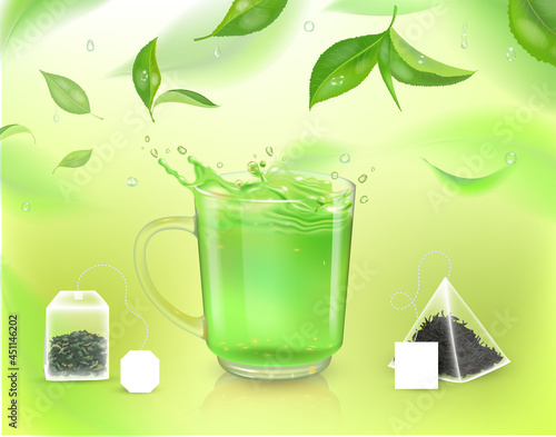 Realistic cup with green tea and tea bags and leaves. Design element for tea ads and package. Vector