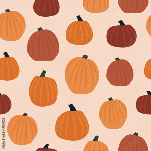 Cute rustic pumpkin seamless pattern. Multi color, hand drawn, organic pumpkins. Colorful orange, red and yellow design. Halloween, Autumn and Fall season aesthetic. Repeat background wallpaper. 