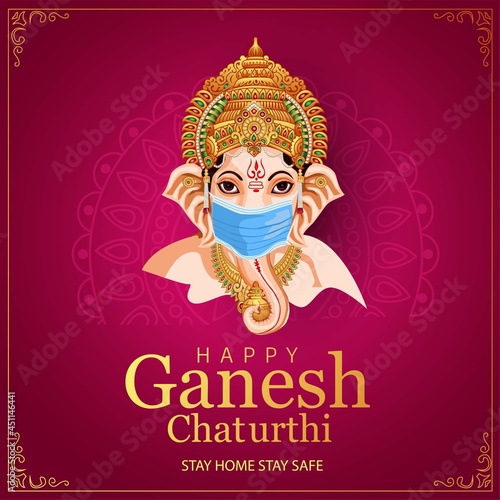 Lord Ganpati on Ganesh Chaturthi background. vector illustration. corona virus covid-19 concept