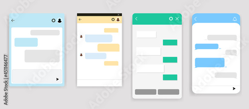 Set of chat bot dialoges windows for website and mobile app. Collection of group text messaging app on smartphone screen. Vector template