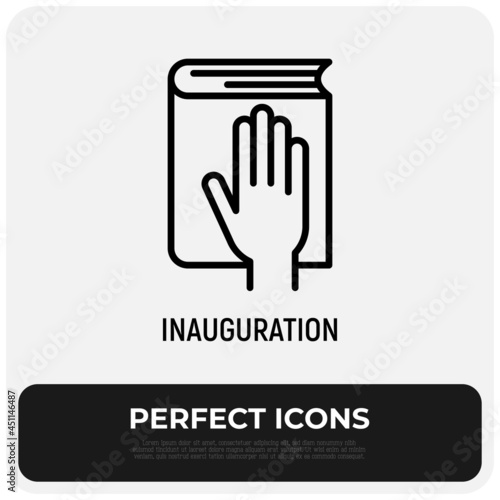 Hand on constitution thin line icon, oath on inauguration. Modern vector illustration.