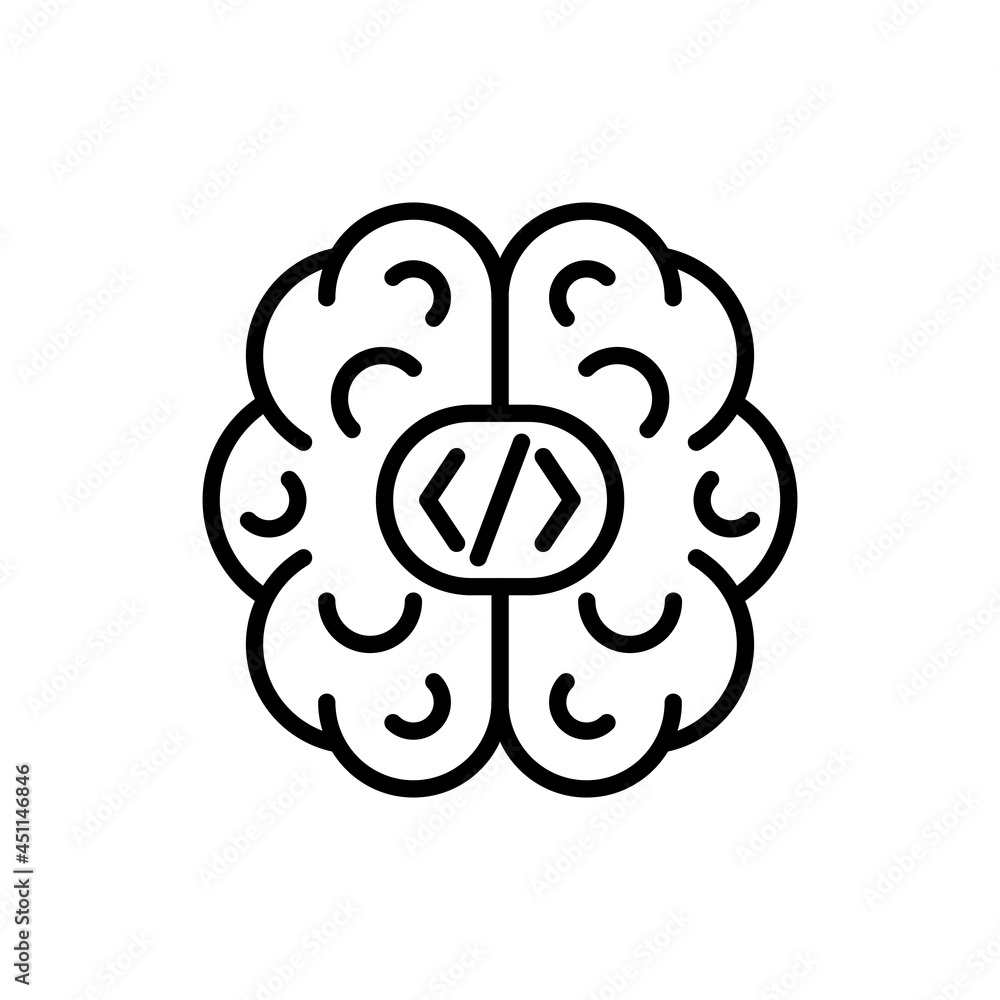 Programmer's thinking thin line icon, human brain with code symbols. Developer, professional solution for web development. Vector illustration. Programmer's thinking thin line icon, human brain with code symbols. Developer, professional solution for web development. Vector illustration.