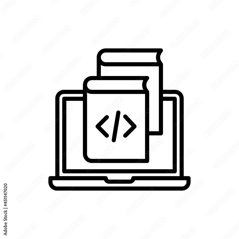 Programming languages thin line icon, open laptop with books, online education. Modern vector illustration. Programming languages thin line icon, open laptop with books, online education. Modern vector illustration.