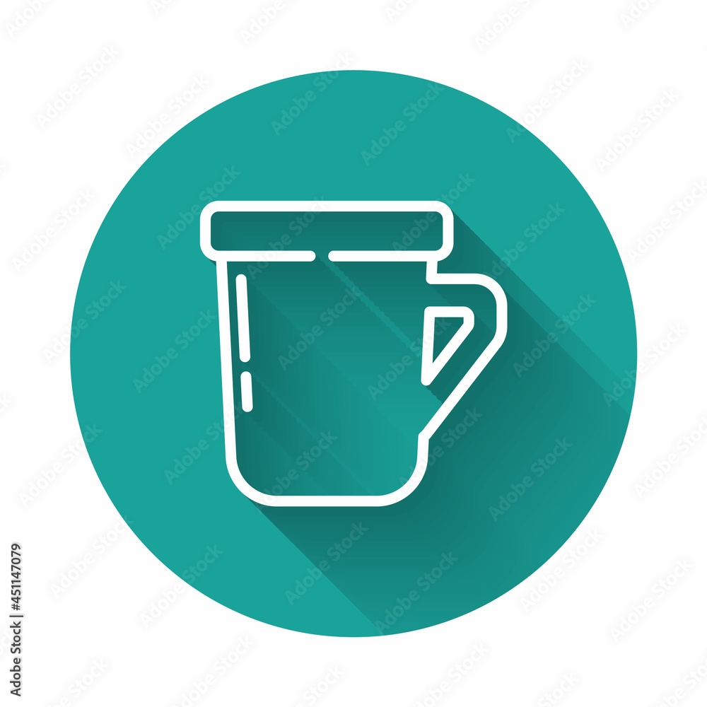 White line Coffee cup icon isolated with long shadow. Tea cup. Hot drink coffee. Green circle button. Vector White line Coffee cup icon isolated with long shadow. Tea cup. Hot drink coffee. Green circle button. Vector