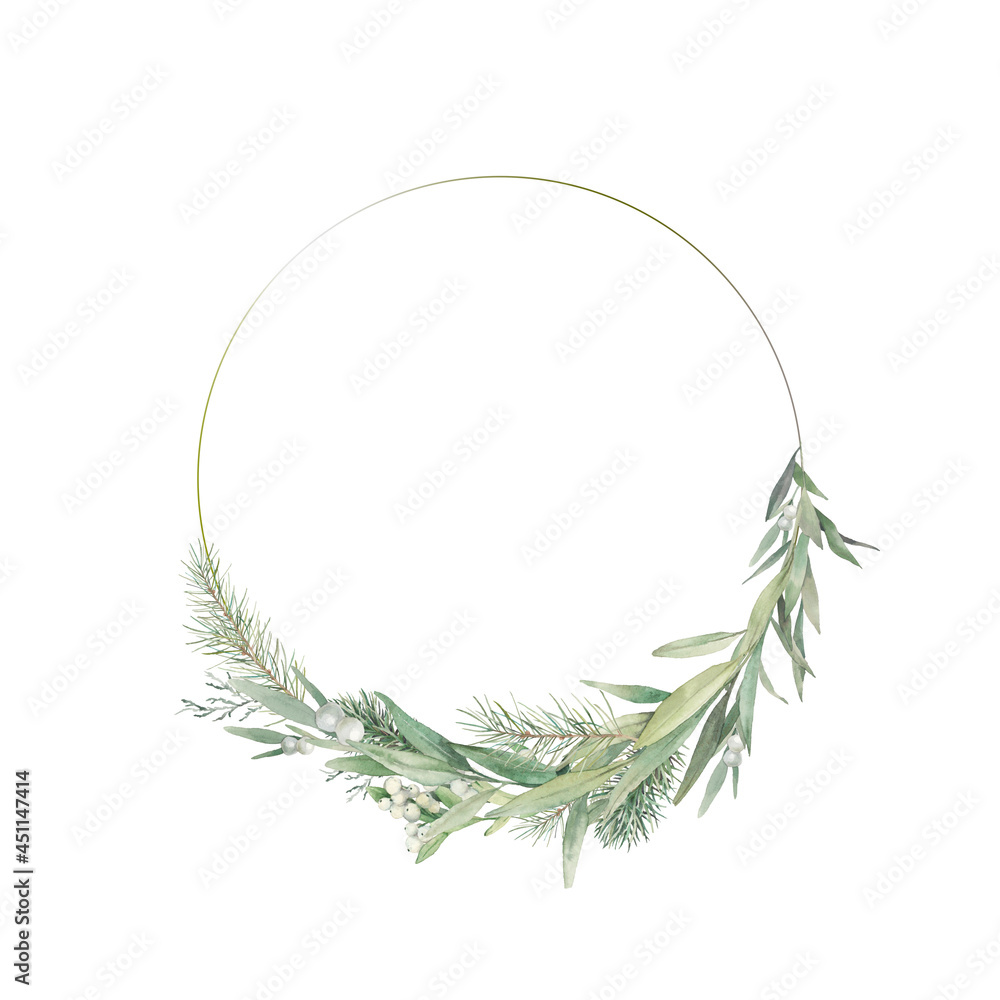 Merry Christmas and Happy New Year card. Watercolor winter floral wreath. Hand painted tree branches composition isolated on white background.