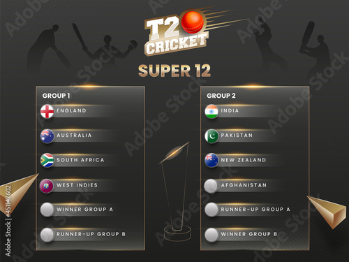 T20 Cricket World Cup Super 12 Group First And Second List On Black Silhouette Player Background.