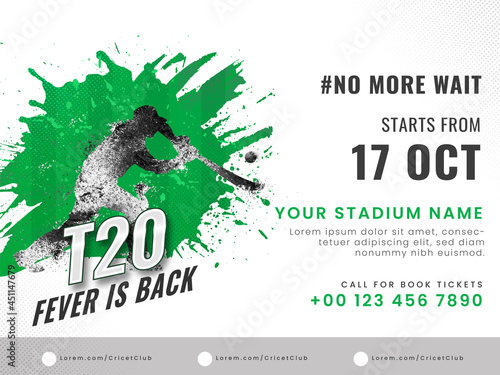 T20 Cricket Fever Is Back Concept With Dispersion Effect Batsman Plyer And Venue Details On White Background.