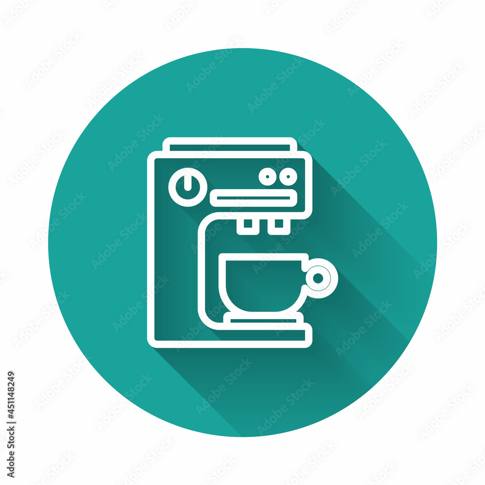 White line Coffee machine icon isolated with long shadow. Green circle button. Vector