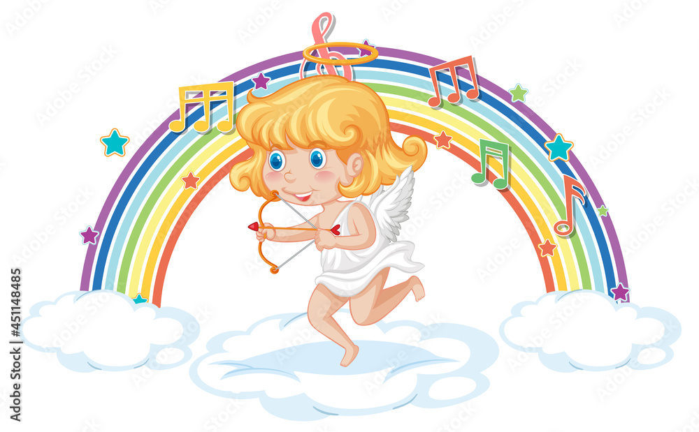 Cupid girl holding arrow and bow with melody symbols on rainbow Cupid girl holding arrow and bow with melody symbols on rainbow
