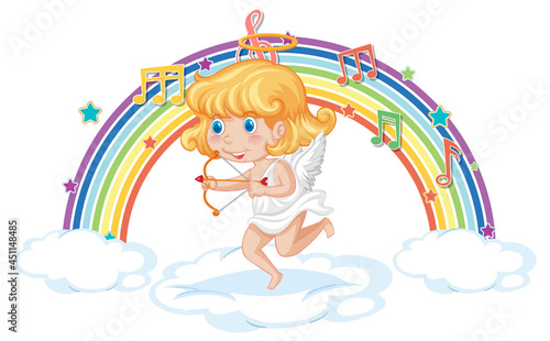 Cupid girl holding arrow and bow with melody symbols on rainbow © blueringmedia