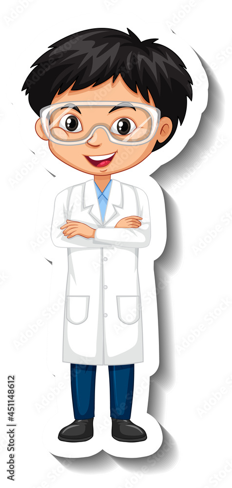 Cartoon character sticker with a boy in science gown
