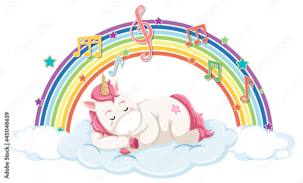 Unicorn sleeping on cloud with rainbow and melody symbol Unicorn sleeping on cloud with rainbow and melody symbol