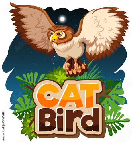 Owl cartoon character at night scene with Cat Bird font banner isolated