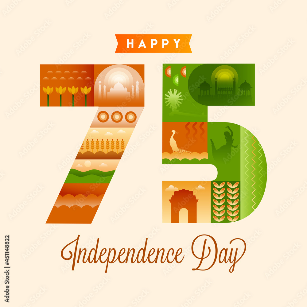 Naklejka premium Seventy Five (75) Years Of Independence Day With Showing Indian Culture And Heritage Over Background.