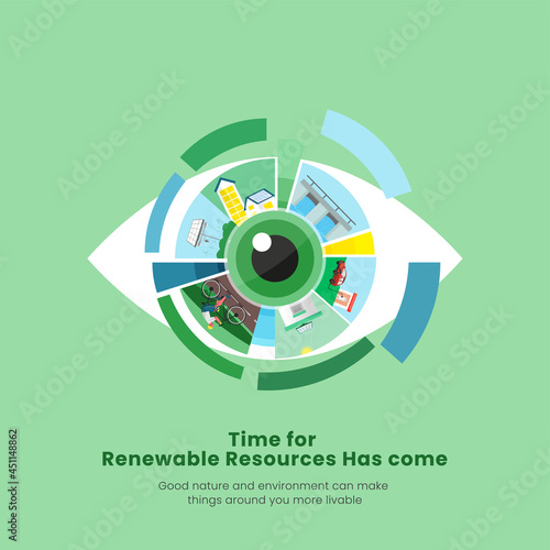 Renewable Energy Resources Examples With Eye View On Green Background For Awareness Concept.