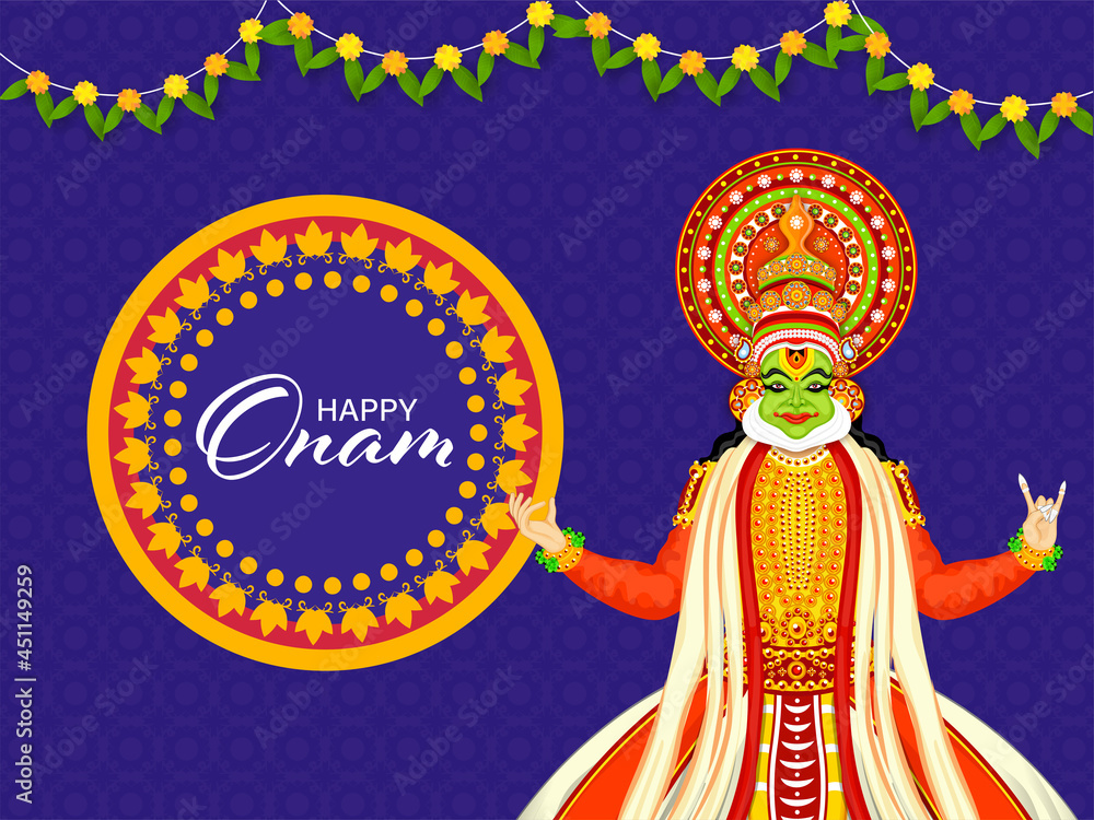 Happy Onam Festival Concept With Kathakali Dancer Character And Tradition Toran On Blue Floral Pattern Background.