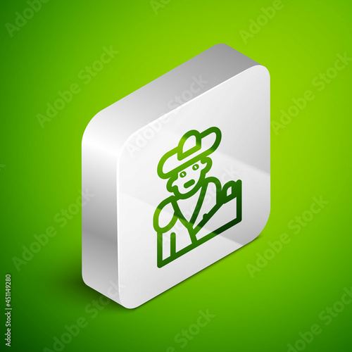 Isometric line Spain bullfight, matador icon isolated on green background. Traditional Spanish entertainment. Silver square button. Vector