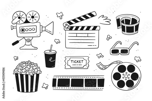Hand drawn cinema set with movie camera, clapper board, cinema reel and tape, popcorn in striped box, film ticket and 3d glasses. Vector illustration isolated in doodle style on white background.