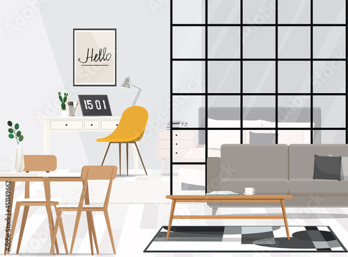 Interior design of a one-room apartment with a common space