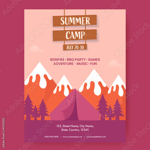 Summer Camp Template Design With Event Details And Tent Illustration On Nature Landscape Background.
