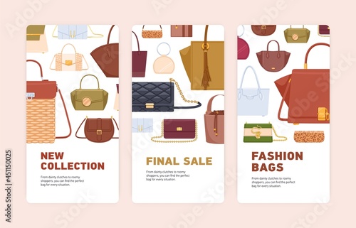 Set of flyer template designs with bag sale promotion. Advertising banner with discount offer. Vertical ad cards with women leather fashion handbags. Colored flat vector illustrations for printing