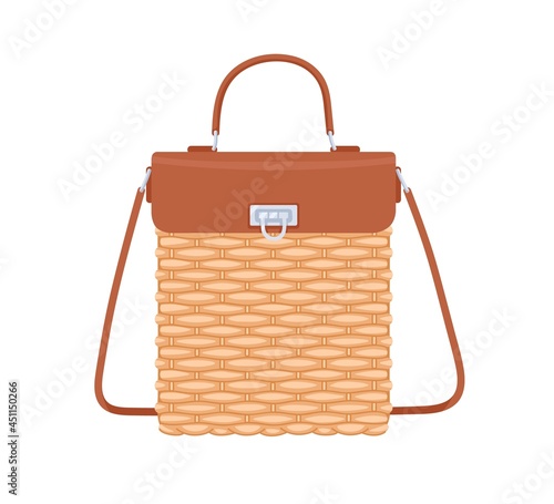 Women summer basket bag with leather flap, handle and shoulder strap. Female ...