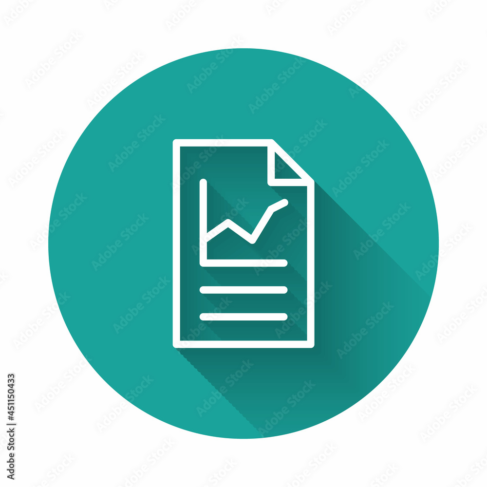 White line Document with graph chart icon isolated with long shadow. Report text file icon. Accounting sign. Audit, analysis, planning. Green circle button. Vector White line Document with graph chart icon isolated with long shadow. Report text file icon. Accounting sign. Audit, analysis, planning. Green circle button. Vector