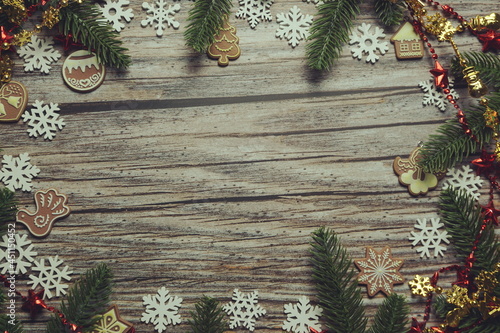 Christmas and New Year Holidays background composition on wooden background