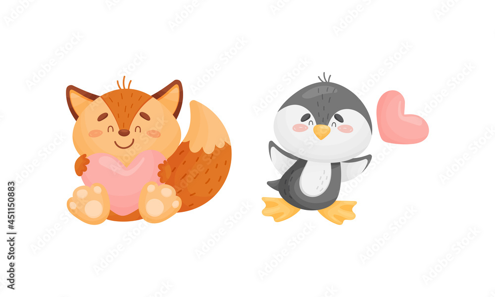 Adorable baby animals with pink hearts set. Lovely happy fox, penguin holding heart cartoon vector illustration Adorable baby animals with pink hearts set. Lovely happy fox, penguin holding heart cartoon vector illustration