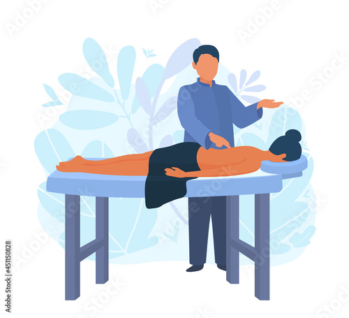A massage therapist standing near the massaging table. A woman client lying on her front. Human back acupressure, physiotherapy. Male masseur physiotherapist. A vector cartoon illustration.
