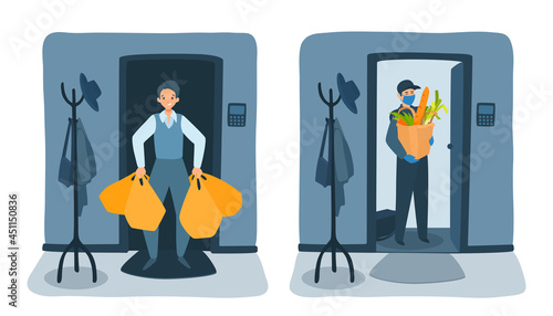 A man buying food by himself. Groceries delivery. A courier wears a mask, gloves. A delivery man standing at a home door. Delivering, shopping. A vector cartoon illustration. 