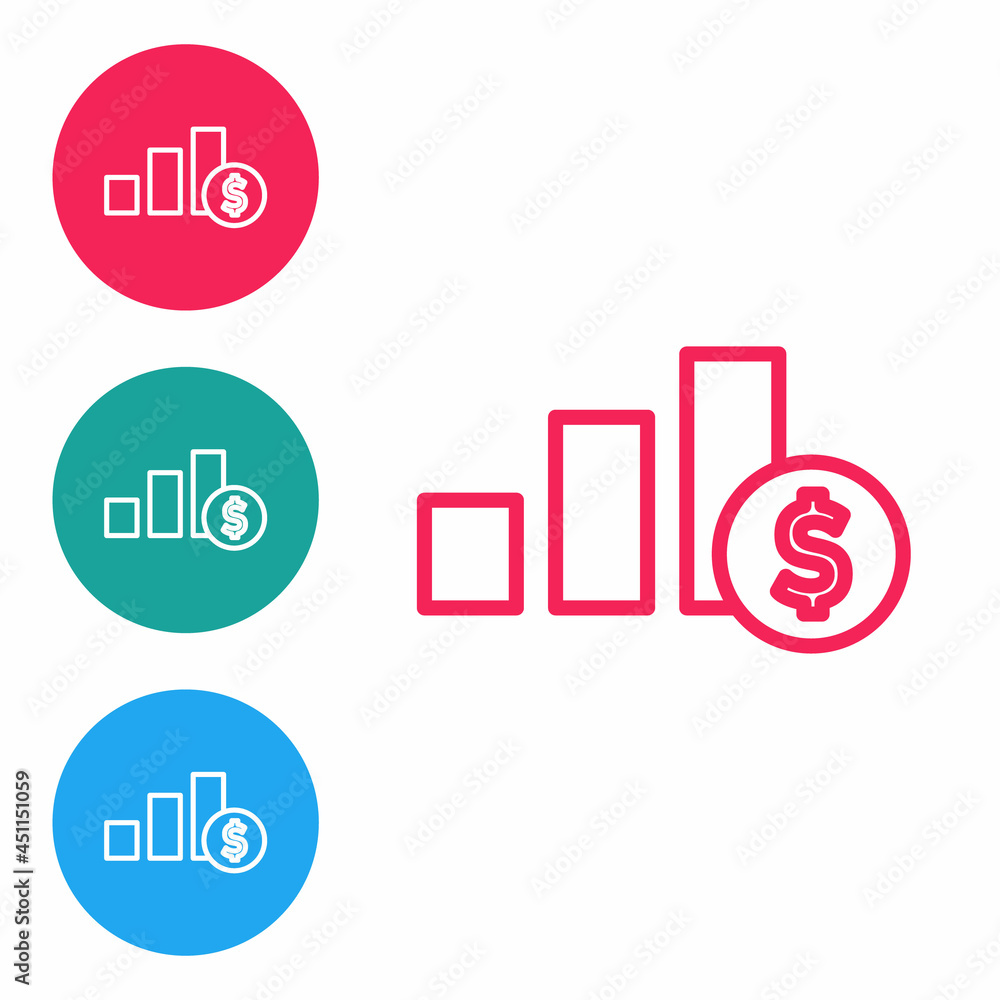 Red line Pie chart infographic and dollar symbol icon isolated on white background. Diagram chart sign. Set icons in circle buttons. Vector Red line Pie chart infographic and dollar symbol icon isolated on white background. Diagram chart sign. Set icons in circle buttons. Vector