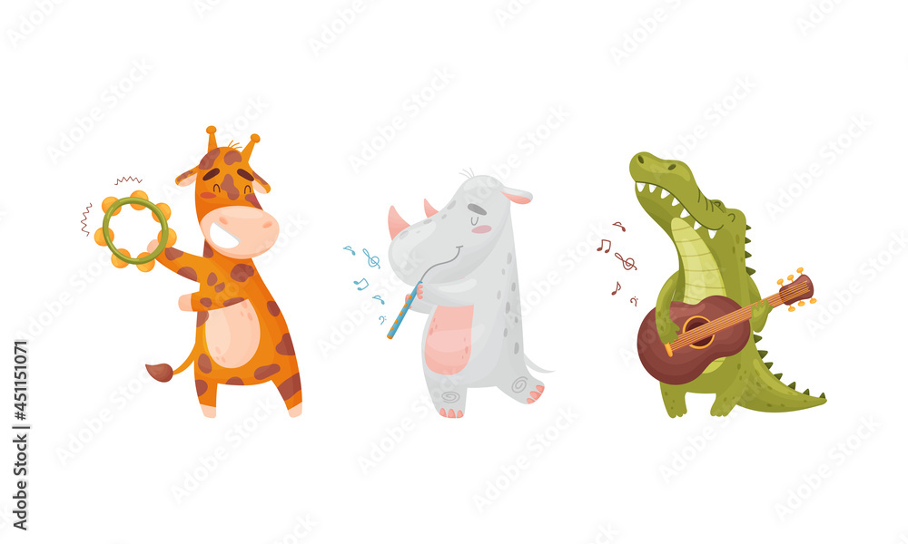 Adorable animals playing musical instruments set. Cute giraffe, rhino, crocodile playing tambourine, flute, guitar cartoon vector illustration