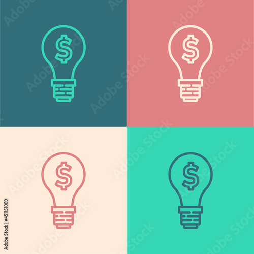 Pop art line Light bulb with dollar symbol icon isolated on color background. Money making ideas. Fintech innovation concept. Vector