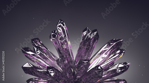 Druse of purple piezoelectric raw crystals 3D render illustration