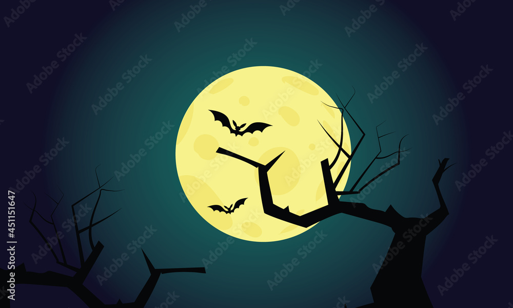 Full Moon Halloween October flying bat holiday yellow dark night green horror tree illustration cartoon design moonlight	
