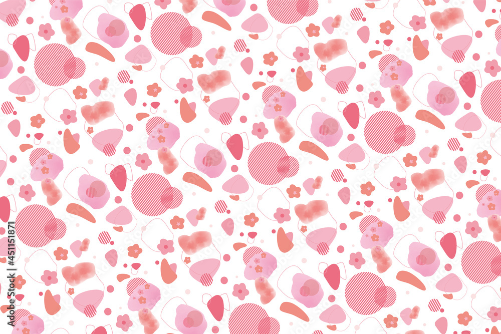 ピンクの花や丸や線が沢山散りばめられたパターン背景